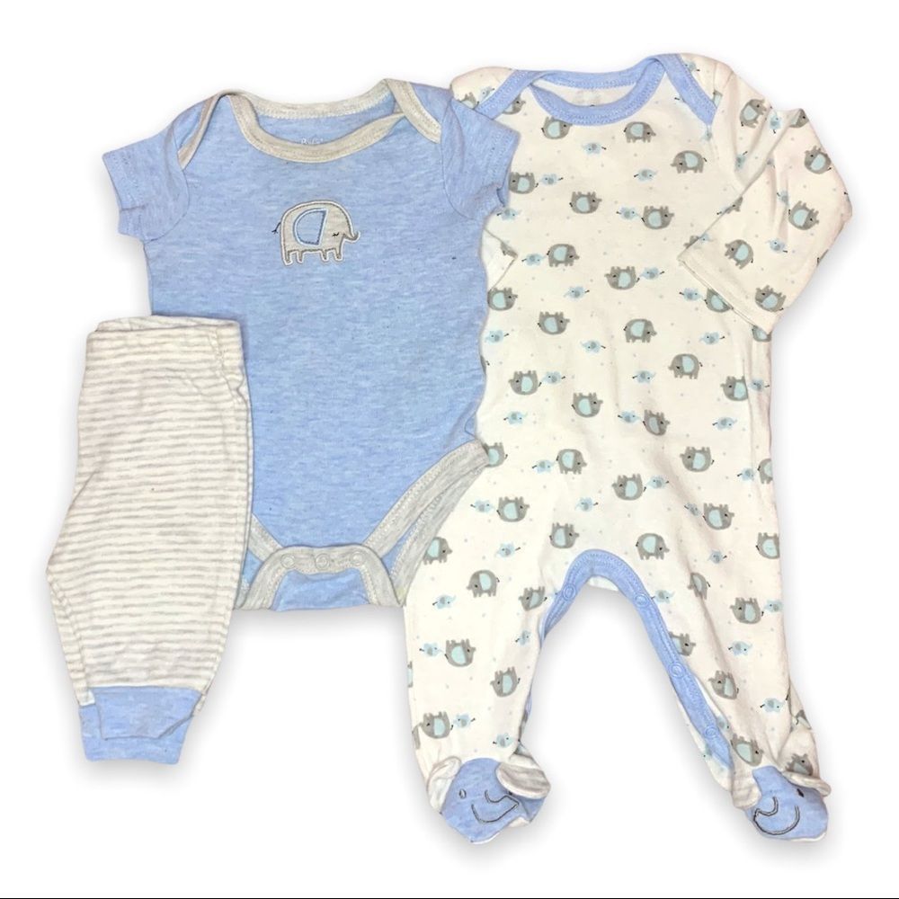 Baby Essentials 3-Piece Matching Set Blue Elephant Onesie & Pants, footies 3M